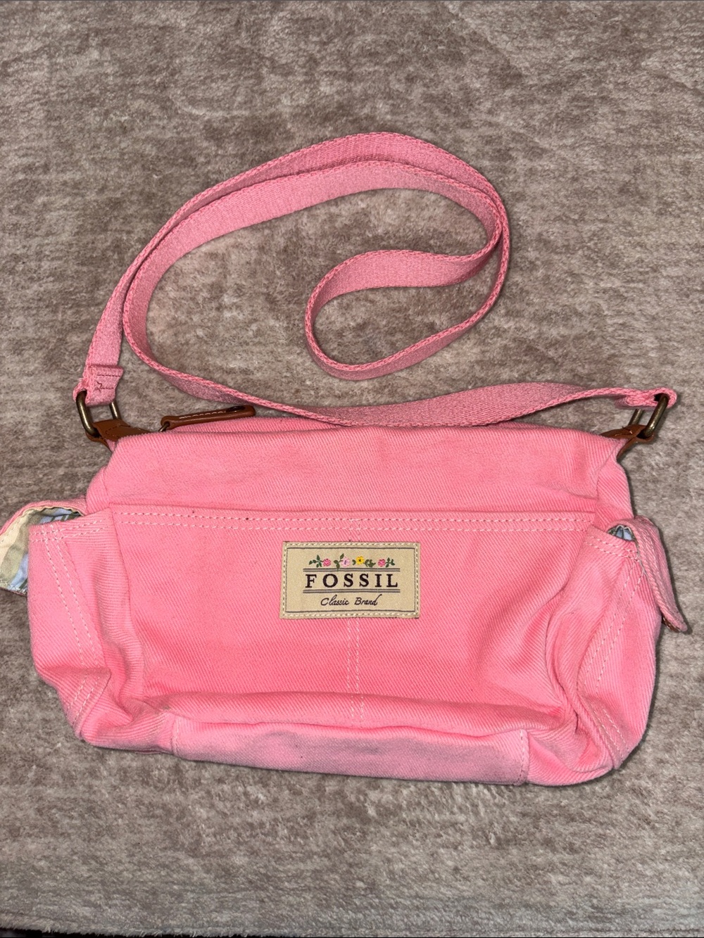 Y2K Vintage Style Canvas Crossbody Bag, Fossil, pink with leather trim. Quality